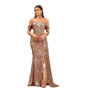 Women's Luxury Eco-Friendly Evening Dress Empire Waist Cold Shoulder Sleeve Slit Sequin Crepe-Breathable Floor Length Solid Ball