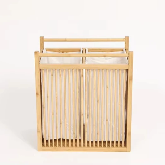 close to natural economical and excellent features bamboo laundry cart with 3 section for storing clothes,towels