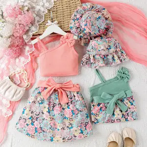 Summer Casual Girl's Clothing 4-7Y One Shoulder Floral Printed Top and Skirt with Hat 3pcs Set Outfits Clothes for Kids