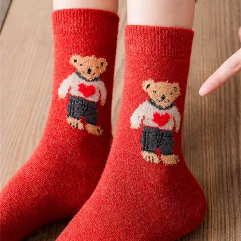 Wholesale Bulk Winter Cute Teddy Bear Cartoon Socks Women Comfy Warm Wool Crew Socks