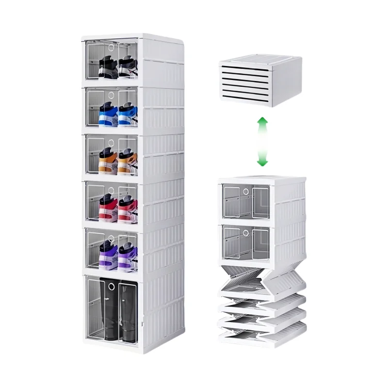 Sturdy Foldable Free Standing Plastic Shoe Rack No Assembly Shoe Storage Organizer Cabinet with Magnetic Clear Door for Entryway