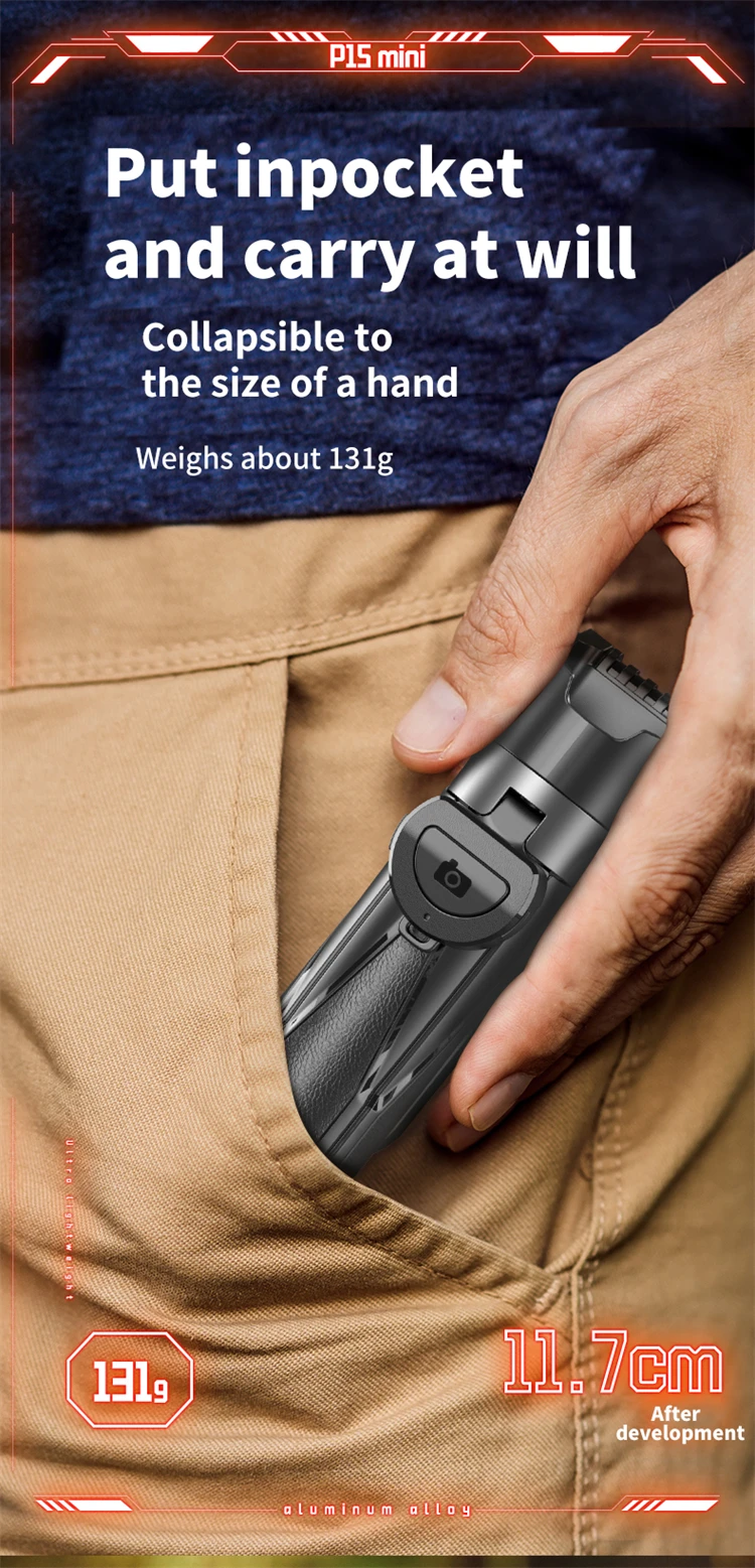 P15Mini Phone Grip Tripod Selfie Stick Magnetic Phone Tripod Wireless With Remote for iPhone Android Xiaomi