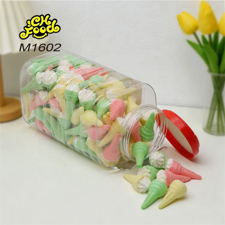 Low MOQ Wholesale Hot Selling Ice Cream Shape Crispy Crust Marshmallow Filled with Strawberry Fruit Jam Halal Snack Food Custom