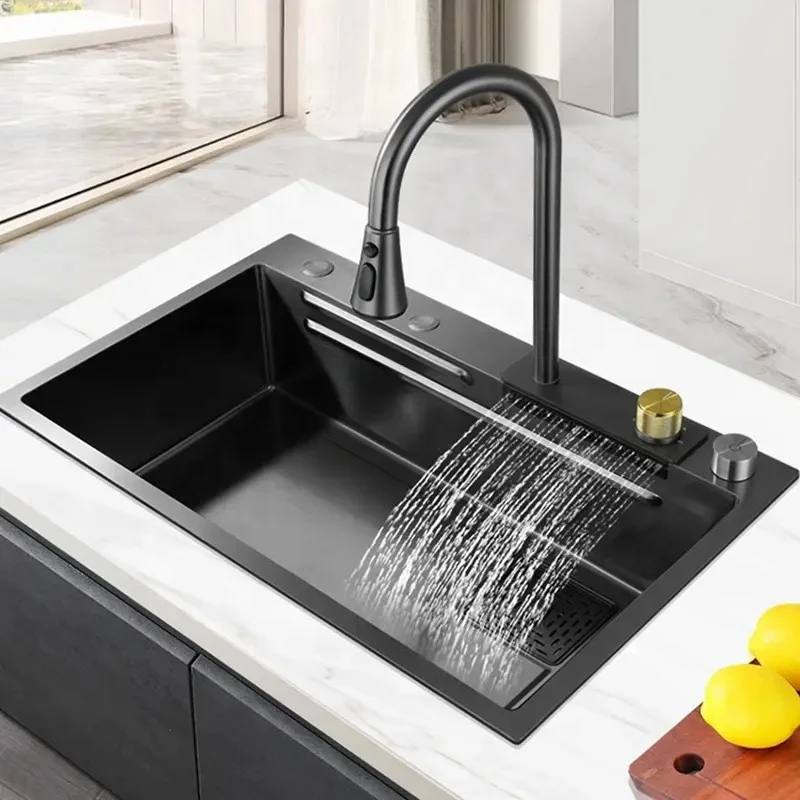 Modern Black 304 Stainless Steel Square Brushed Kitchen Sink Faucet Multifunction Waterfall Rainfall Single Bowl Set