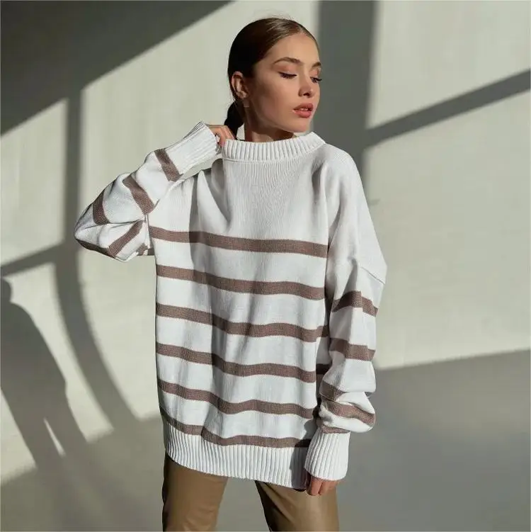 2025 Fall Winter Sweater Manufacturer Custom Russia Black Sheep Wool Acrylic Crew Neck Woman Striped Knit Sweater