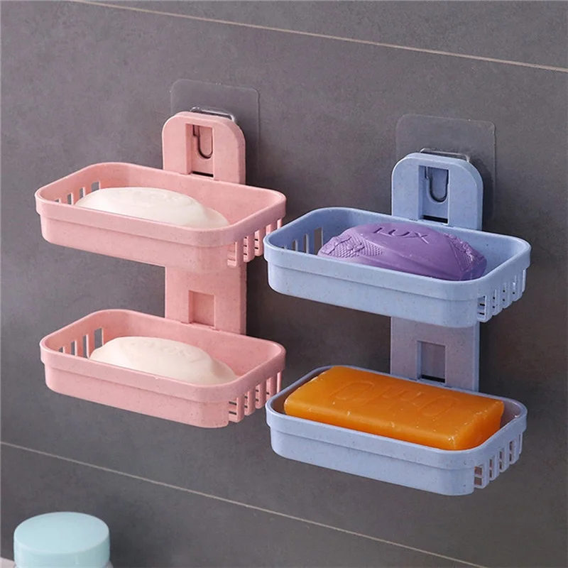 Double Layer Soap Dish Plate Box Drain Rack Tray Holder Stand Plastic Bathroom 