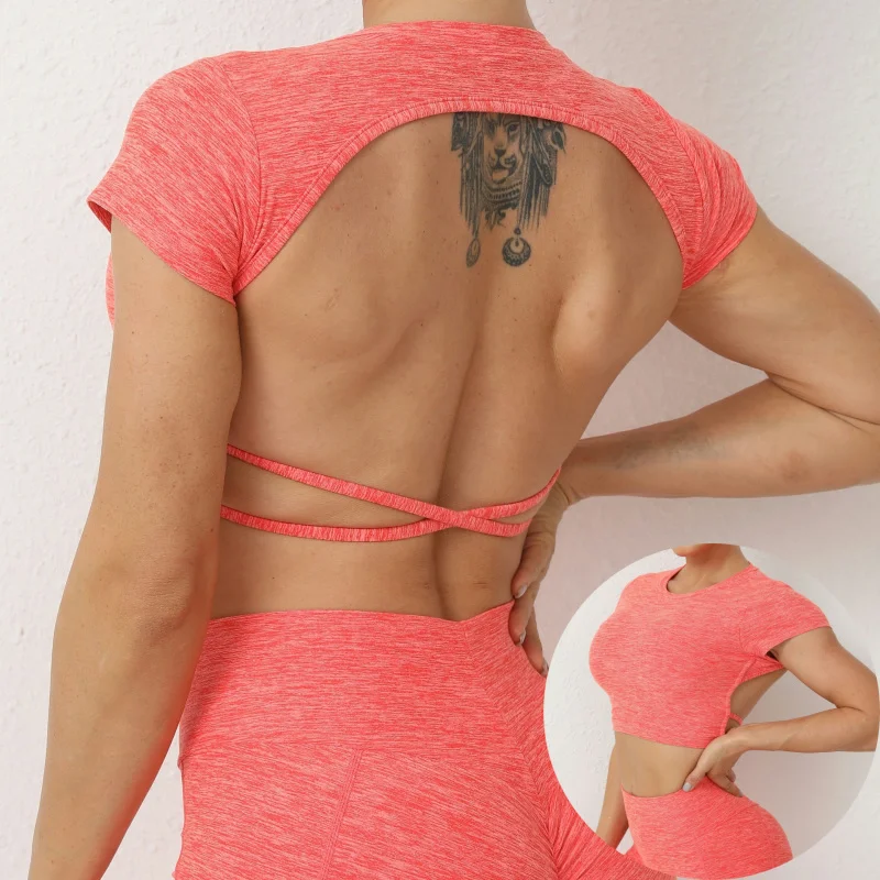 Fitness Open Back Tank Woman Summer Backless Running Bra Gym Outdoor Sport Quick Dry Crop De Trend New Short Sleeve Yoga Top