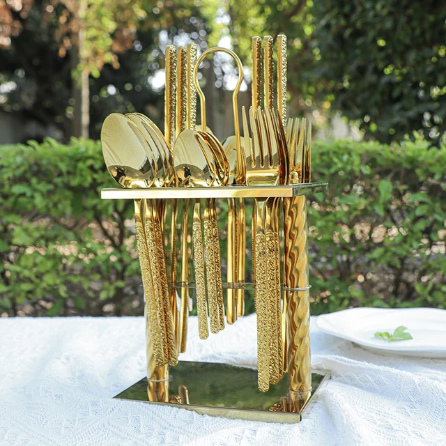 wholesale SS 201 24pcs/36pcs gold plated knife spoon fork 18/10 middle east gold flatware set with stand in  color box