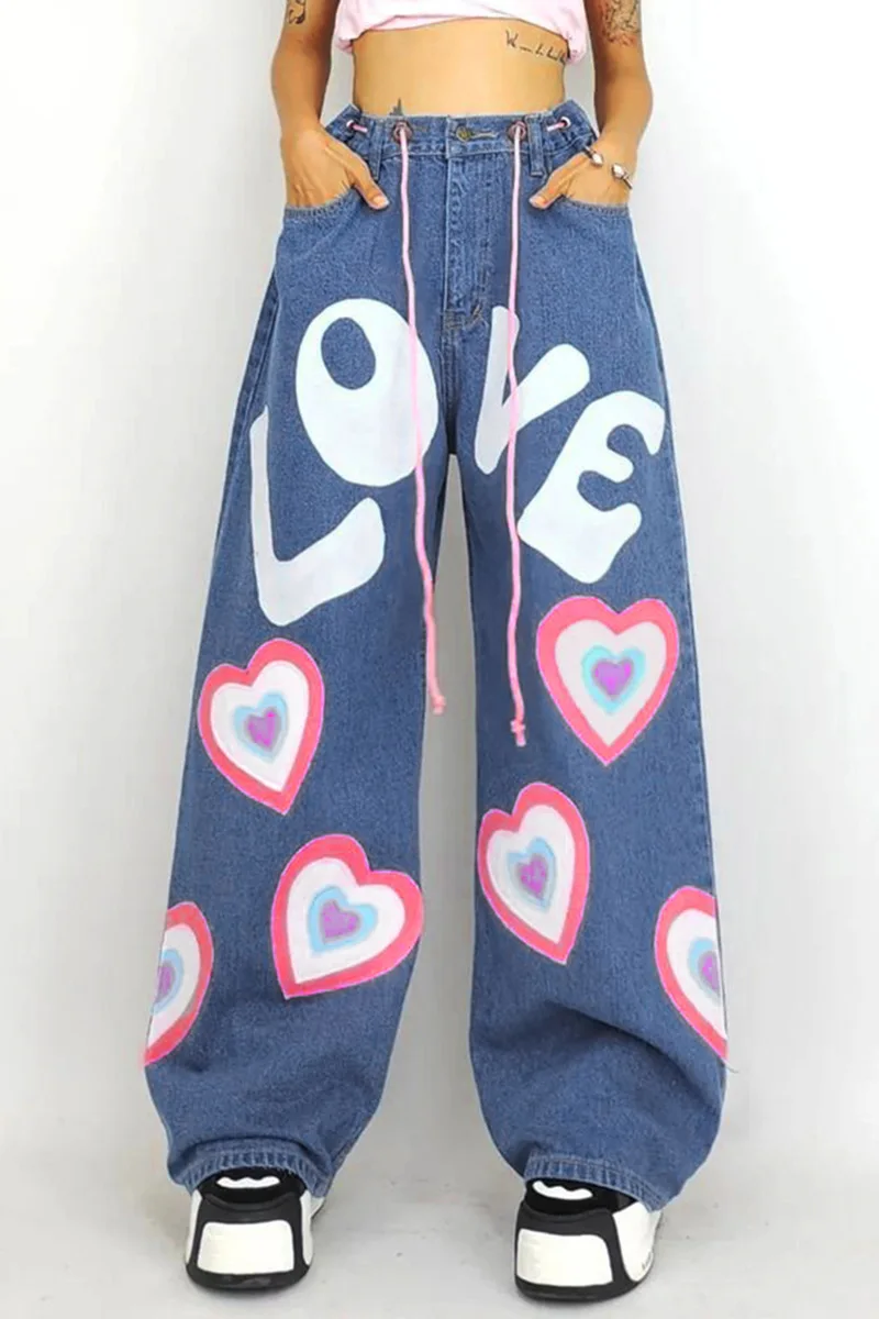 New Fashion Casual Multi Pocket Heart Shaped Printed Color Flare Denim  Cargo Pants Women Low Waist Straight Loose Jeans