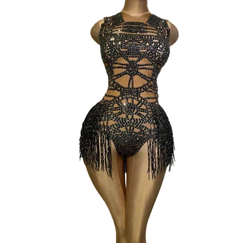 2025 Sparkly Rhinestone Sequin Tassel Stretch Bodysuits Women Birthday Party Nightclub Dj Stage Performance Costume