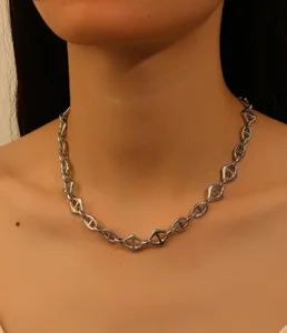 Men Women Silver Waterproof Rhombic Shape Stainless Steel Trendy Punk Design Necklace for Anniversary