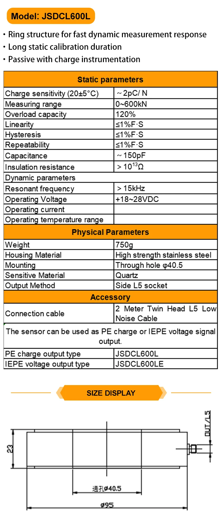 JSDCL600L Circular One-Way PE Voltage Signal Piezoelectric Pressure Sensor Measurement Single Direction Force Sensing manufacture