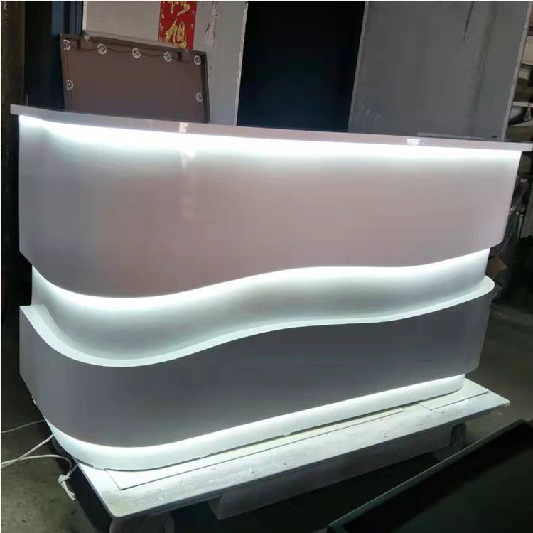 Wave Shape Design Led Light Small Source Marble Texture Front Desk White Office Reception Desk