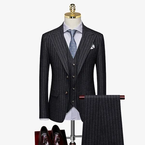 Men's Dark Grey Striped 3 Pieces Slim Business Peaked Lapel Single Breasted Double Vents High Quality Suit Set for Men