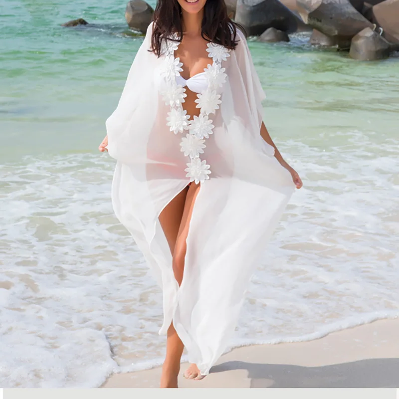 Honeymoon Dress Beach Cover up Dress Lace Beach Tunic Pareos Swimwear Women  Bikini Cover up Chiffon Swimsuit Cover up