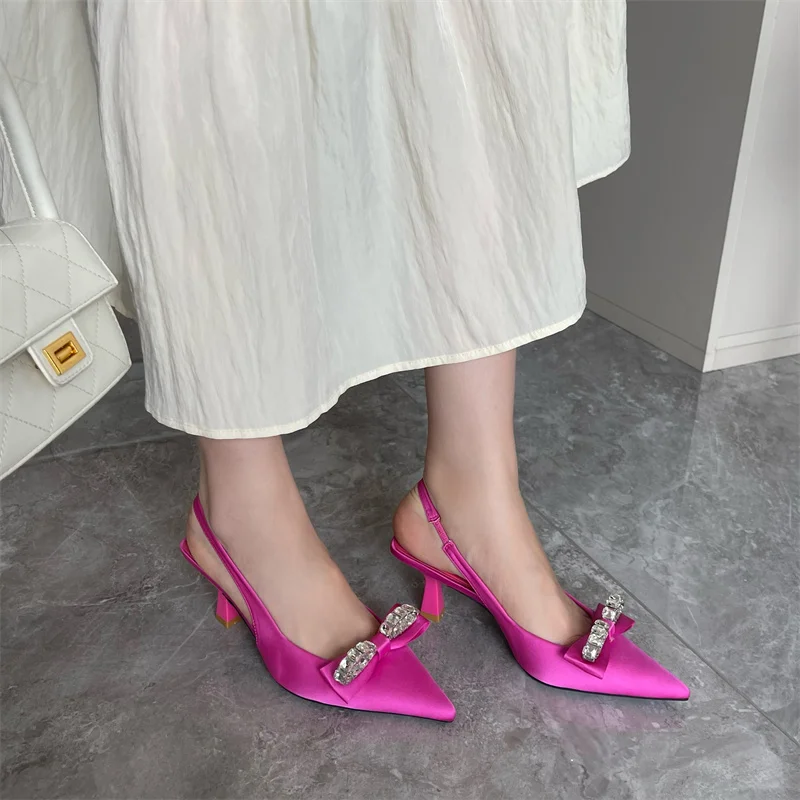 Crystal Satin Bowknot Pointed Toe Low Thin Heels Mules Women Shoes ...
