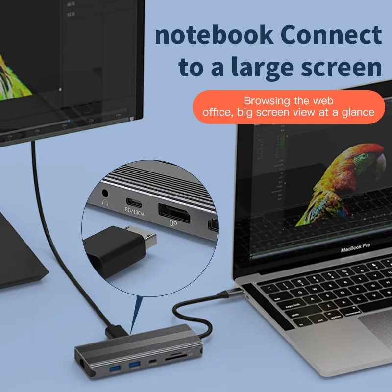 10 In 1 Multi-Port Type C Hub 10 Port USB C USB-C to 8K HDTV Displayport USB-A 3.0 PD100W 1000Mbps Ethernet Audio Hub 10-In-1