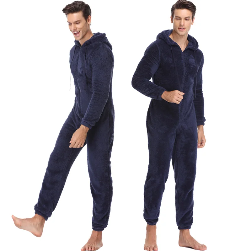 Men Warm Teddy Fleece Onesie Fluffy Sleep Lounge Adult Sleepwear One Piece Pyjamas Male Jumpsuits Hooded Onesies For Adult Men