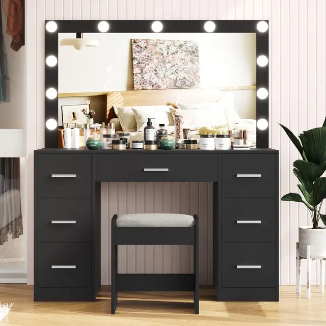 MDF Black Vanity Desk with Stool Girls Dressing Table with Large Lighted Mirror Makeup Vanity Table with Drawers