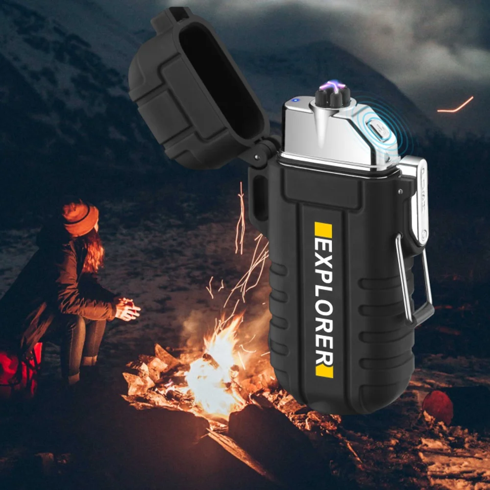 Plastic Windproof Flameless Cigarette Lighter Electric Designed Outdoor  IP56 Waterproof USB Type C Dual Arc Camping BBQ Lighter