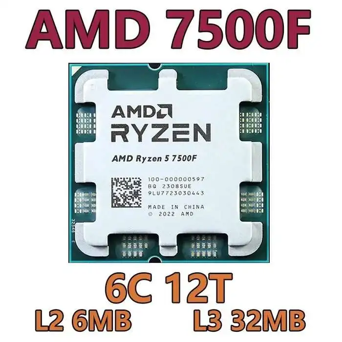 AMD Ryzen 5 7500F: 6 núcleos/12 hilos, 3.7 GHz (hasta 5 GHz), AM5