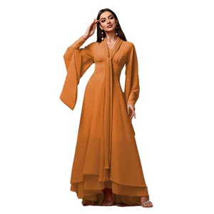 New Fashionable Elegant Temperament Chiffon Ruffled Long-sleeved Backless Waist Dresses