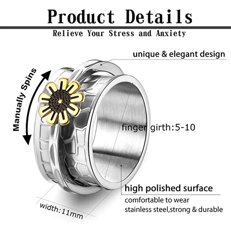 Rotating Anxiety Fidget Men Rings Titanium Stainless Steel Spinner Finger Ring Women Engrave Daisy Flower Punk Rock
