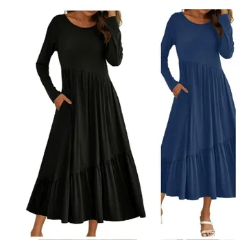 2024 Summer New Style Women's Dress Long Sleeve High Waist Loose Casual Asymmetric Tiered A-Line Flowy Maxi Lady Dress