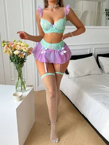 European & American High-Quality Sheer Lace Strapless Pure Desire Two-Tone Mesh Skirt with Stockings Separate Sexy Lingerie Set