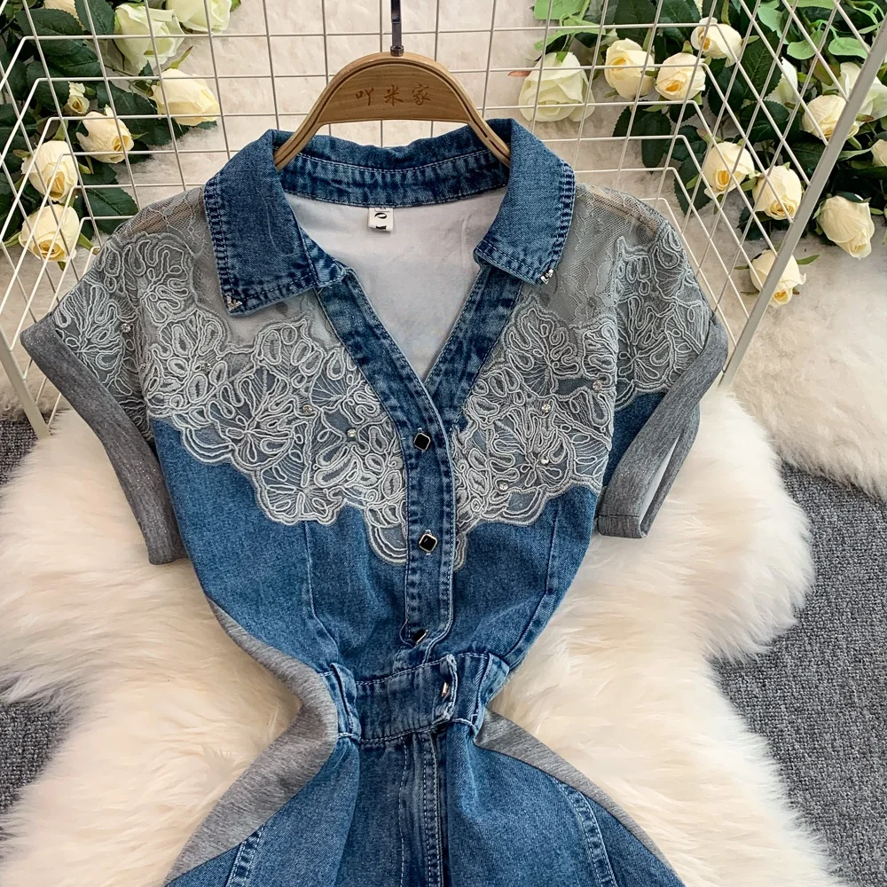 Women Lady Elegant Embroidered Denim Dress Crystal Embellished Short Sleeve Clothes  Women Casual Dresses| Alibaba.com