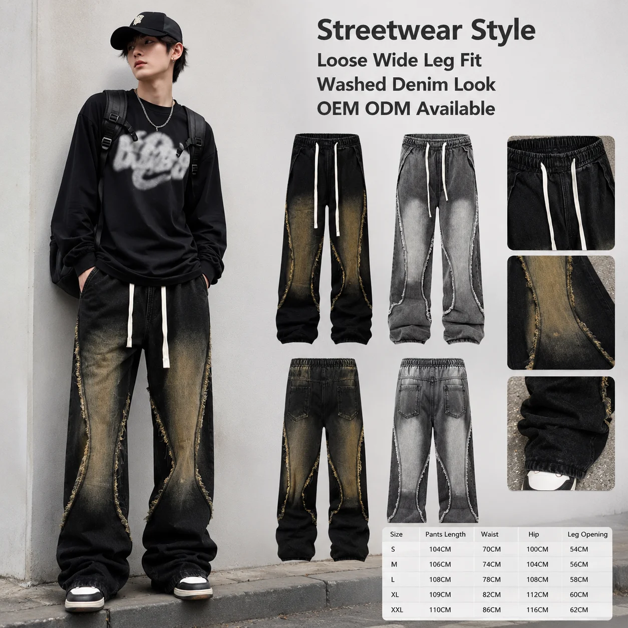 Chinese-style American Irregular Patchwork Raw Edge Mid-rise Elastic Waist Straight-leg Denim Jeans Men Vintage Loose Wide-leg