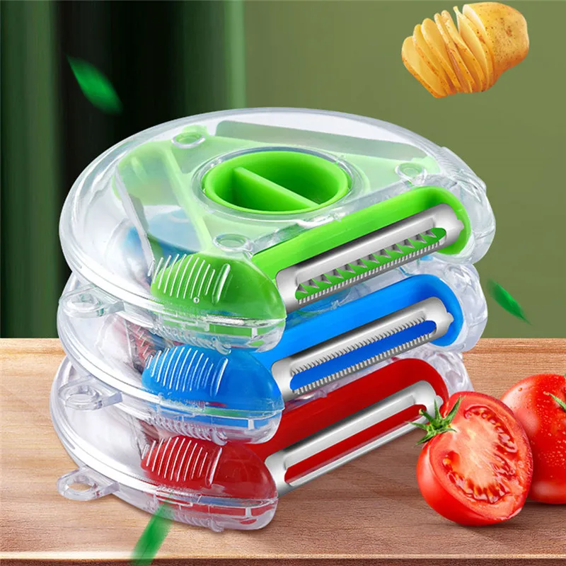 3 IN 1 Rotary Round Vegetable Fruit Peeler Tool Multi- Functional Magic Trio Fruit Peeler With Stainless Steel Blade