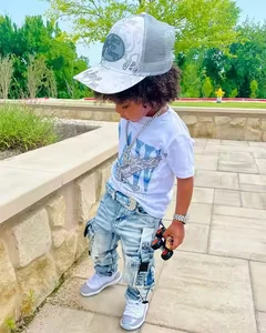 Chinese Products Custom Casual Blue Wash Comfortable Stretch Pants and t Shirt Kids Boys Jeans Kids Tracksuits Jogger Set
