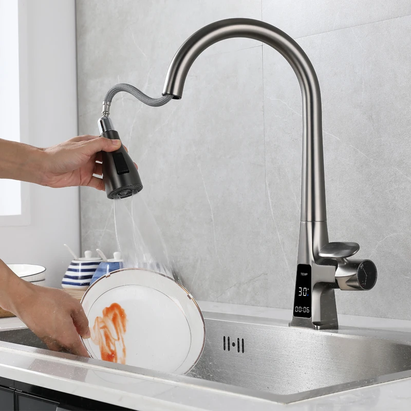 Multifunctional Mount Pull Use Display Kitchen Faucet Thermostatic Material Rotation Smart Electric Cold Water Kitchen Faucet