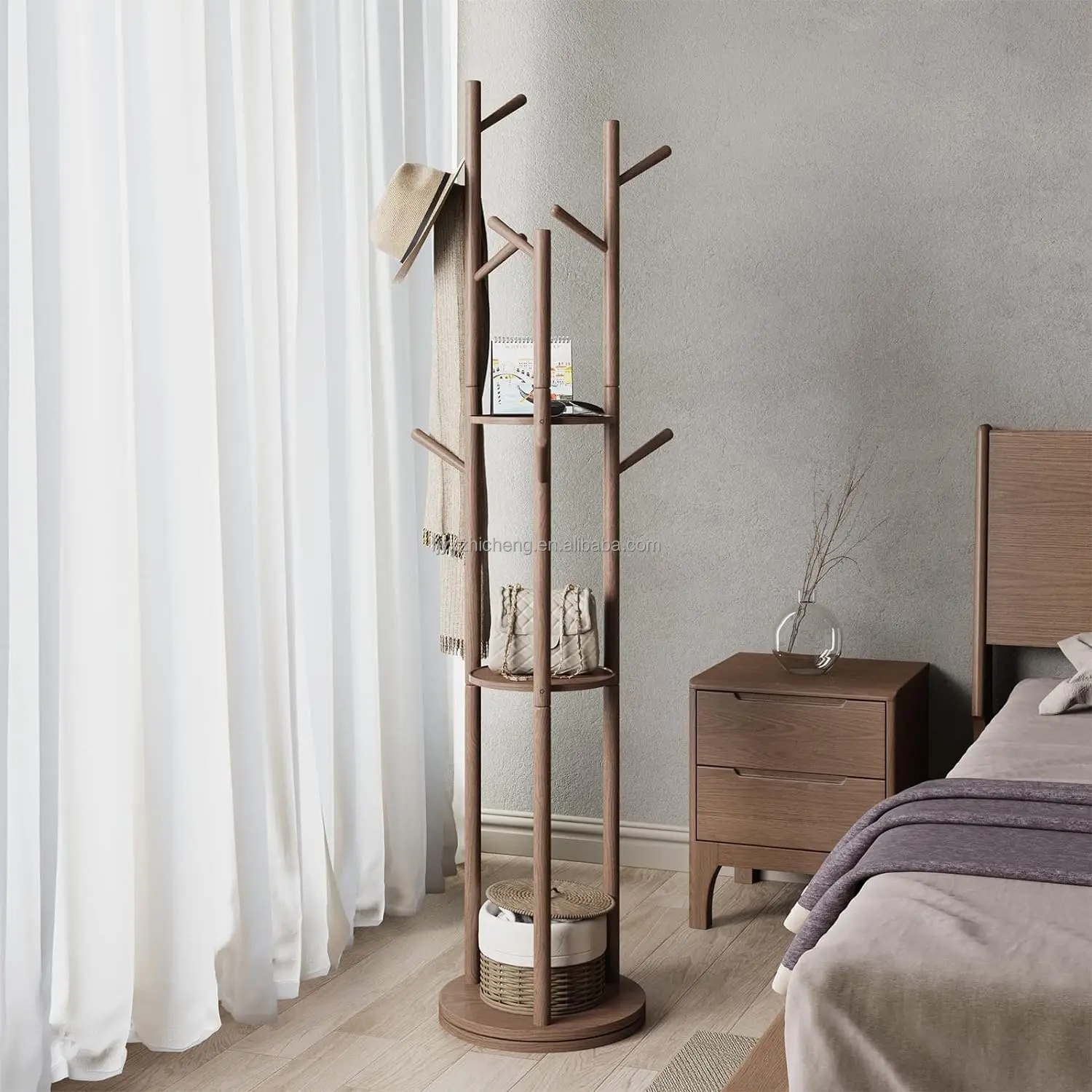 product coat rack solid wood rotary coat rack stand freestanding coat rack with 3 shelves and 9 hooks-0