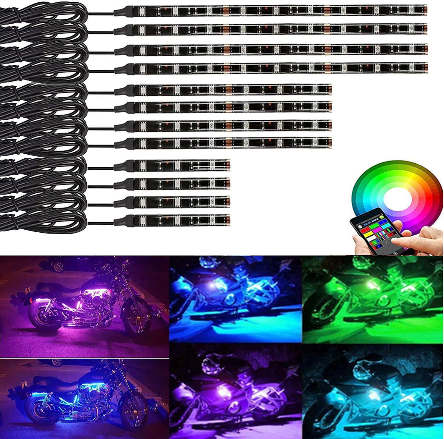 Универсальный мотоциклетный Декор PUERXIN, подсветка, неоновые огни RGB, разноцветные мотоциклетные декоративные атмосферные полосы, комплект осветительных ламп