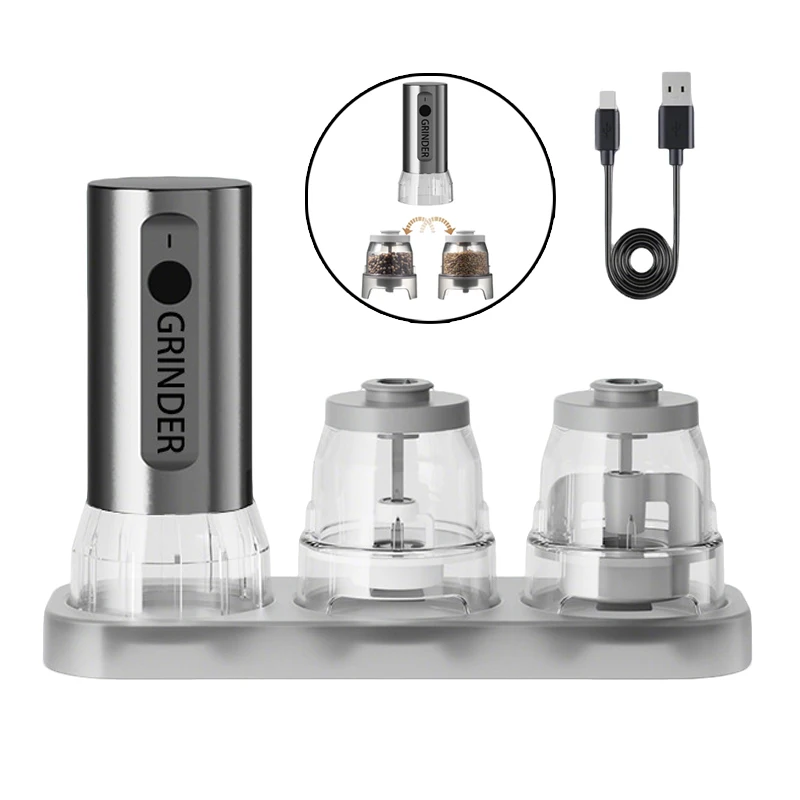 2025 New Style Kitchen Spice Mill Shaker Stainless Steel USB Rechargeable Electric Salt And Pepper Grinder Set With Base