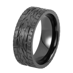 Contemporary Black Zirconium Men's Ceramic Ring CNC Laser Engraved Motorcycle Tire Design Wedding Band Jewelry