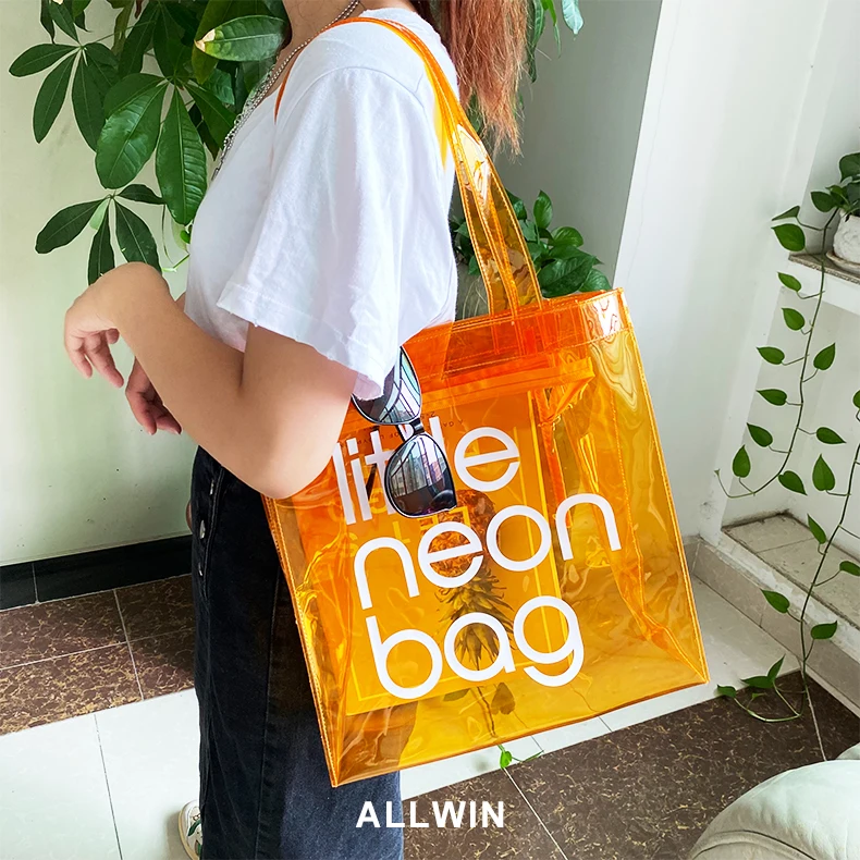 Bolsa de mão de plástico transparente para meninas, sacola de compras  personalizada neon pvc