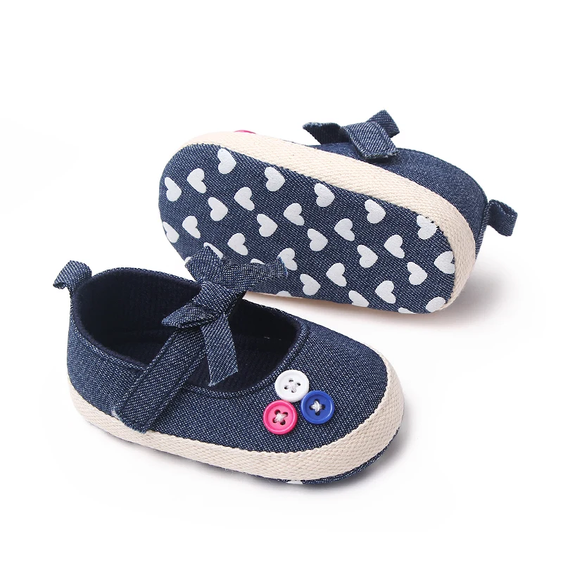Solid Color Striped Polka-dot Bow Button Soft Soled Breathable Infants Toddler Shoes for Girls supplier