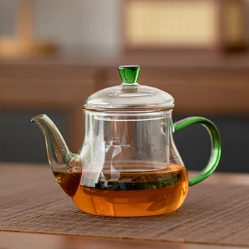 Home Use Heat-Resistant Glass Teapot Fresh Design Single Pot Brewing Tea Set Yellow Green 501-600mL Capacity Wood Material