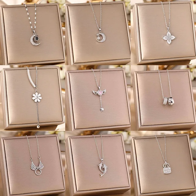 2024 New Arrival Wholesale Bulk Cheap Stainless Steel Silver Moon Flower Heart Pendant Necklace Waterproof Fashion Jewelry