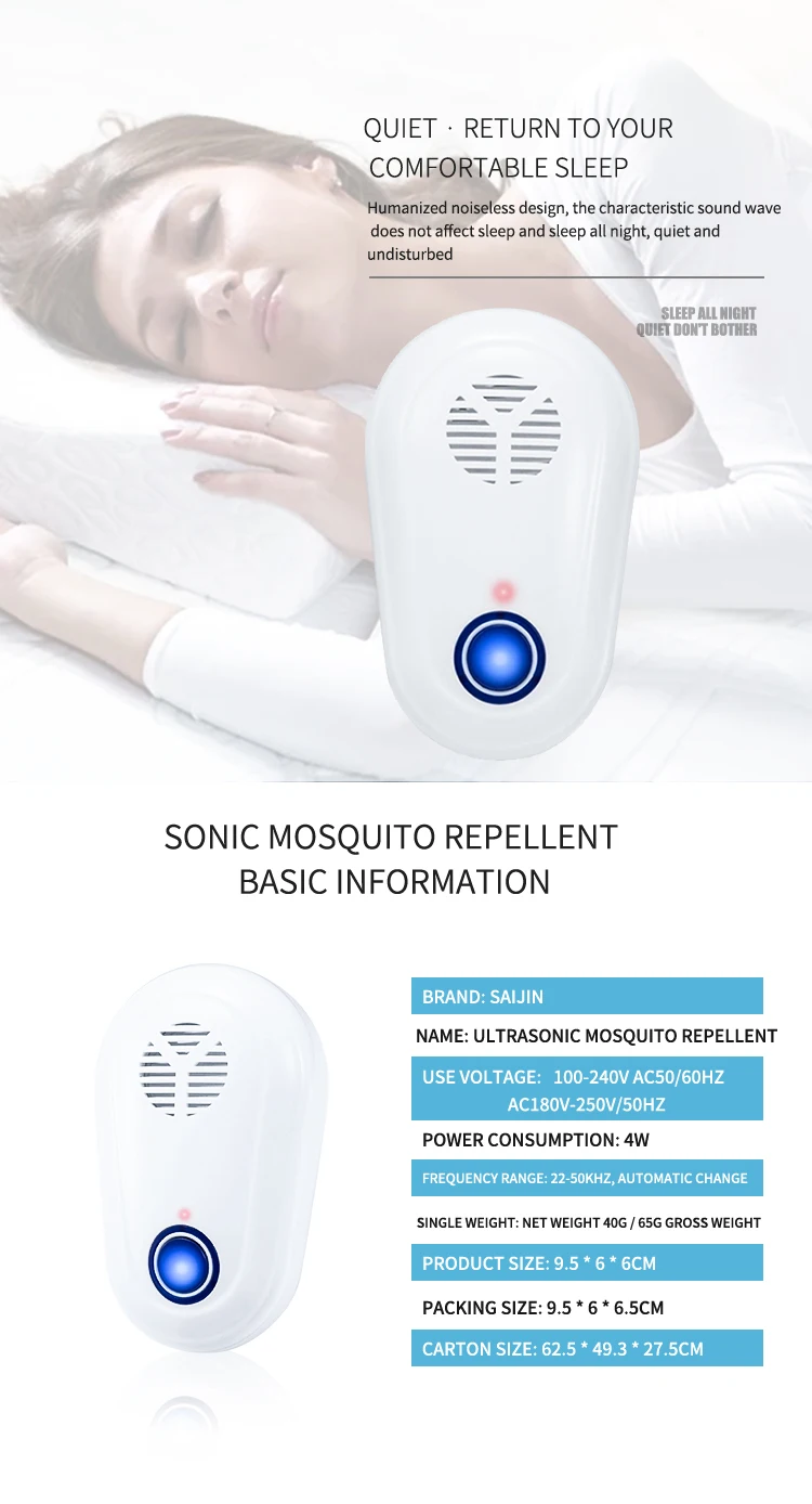 SAIJZEK OEM Eco-Friendly Indoor AC 110-240V Ultrasonic Pest Control Geckos Bug Spider Fly Repellent Anti Mosquito details