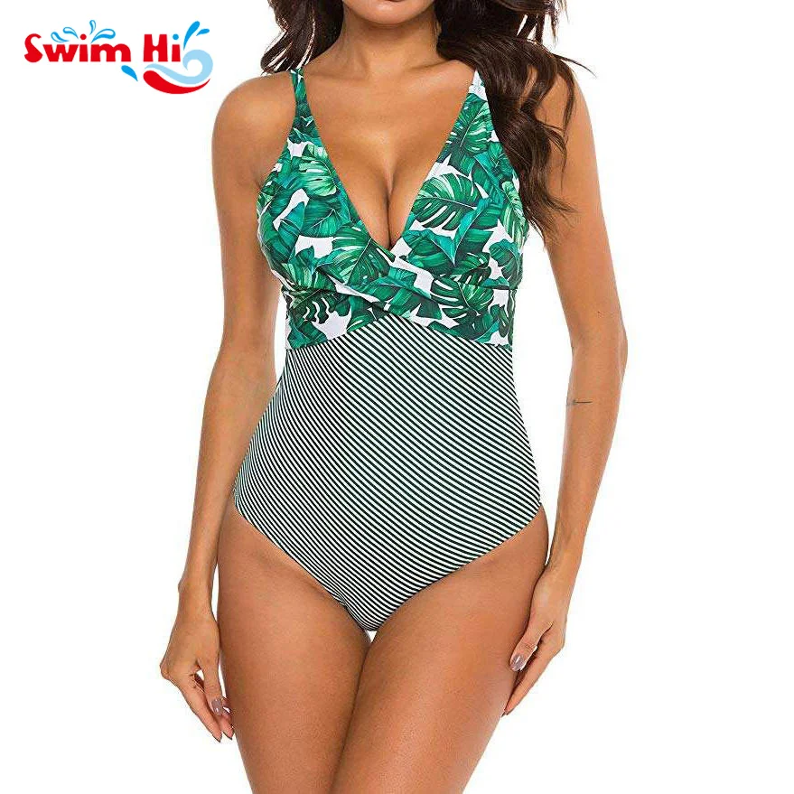 Hot Women One Piece Swimwear Tummy Control Printing Front Cross Girl