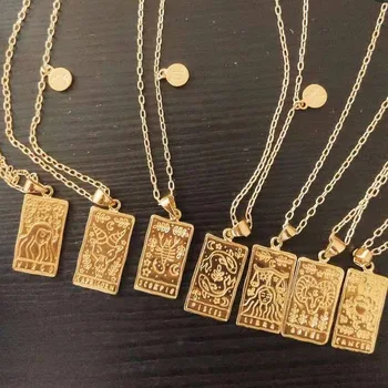 New Trendy Stainless Steel Square 12 Zodiac Necklace Popular Tarot Necklace 18K IP Gold Plated Medallion Zodiac Necklace
