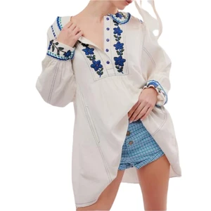 OEM Factory New Item Fashion Clothing Dress Chic Embroidered Collar Long Sleeve A-Line Polyester/Cotton Floral Contrast Dress