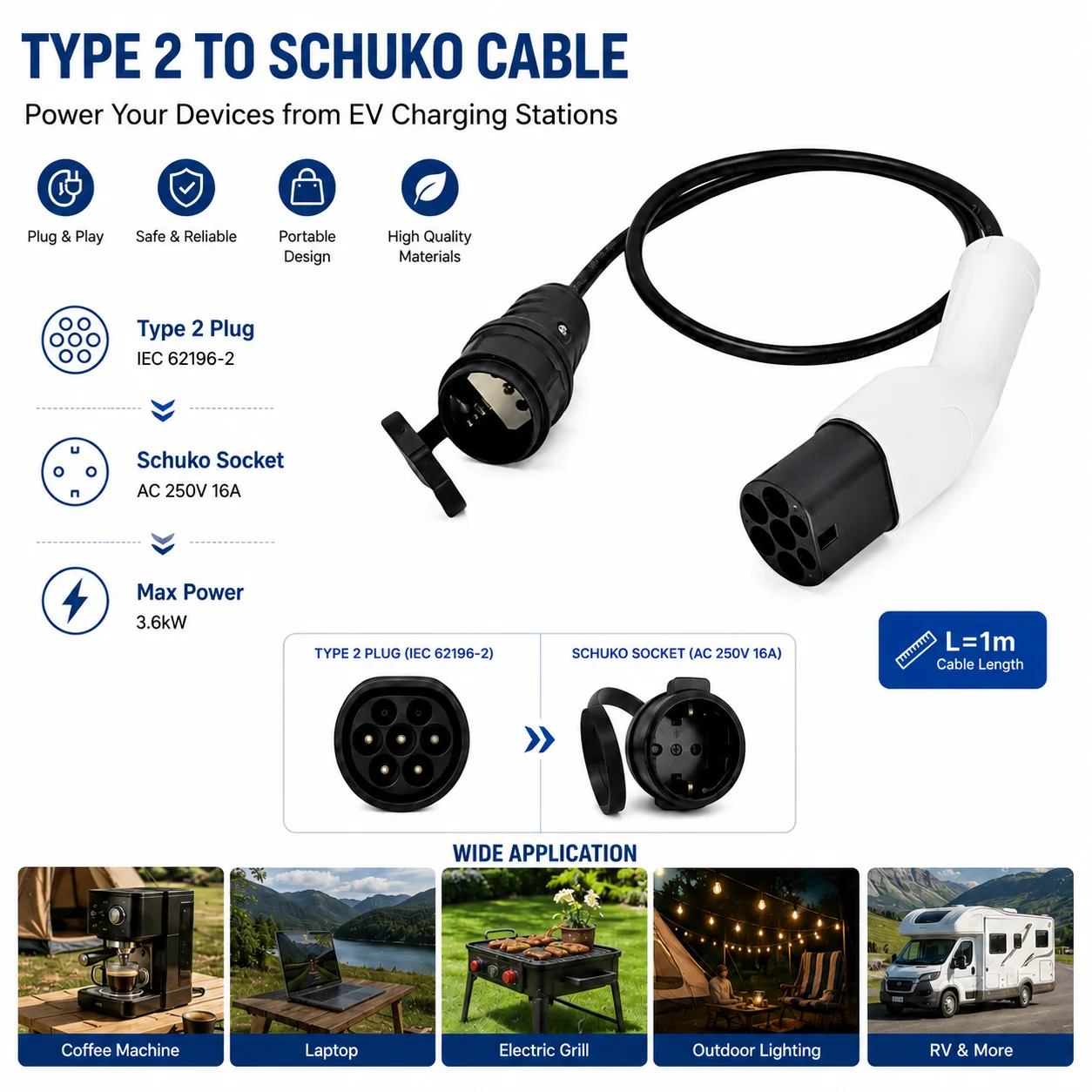 AOTAI New Type 2 to Schuko Outlet EV Charging Cable IEC 62196-2