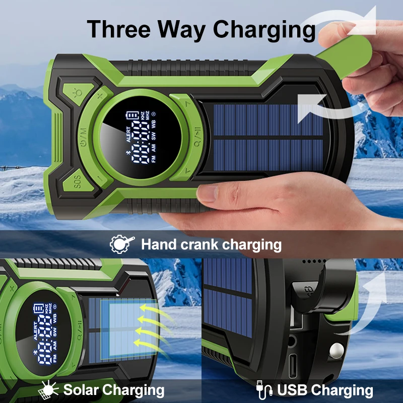 NOAA/AM/FM/SW BT Speaker IP65 Waterproof Dustproof Portable Radio Hand Crank Generator Dynamo Flashlight Solar Radio