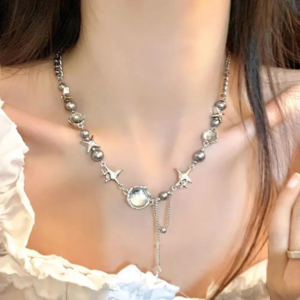 ZooYing Exquisite Moonlight Stone Set with Diamond Four Star Pendant Necklace Fashion Baroque Choker Jewelry for Women