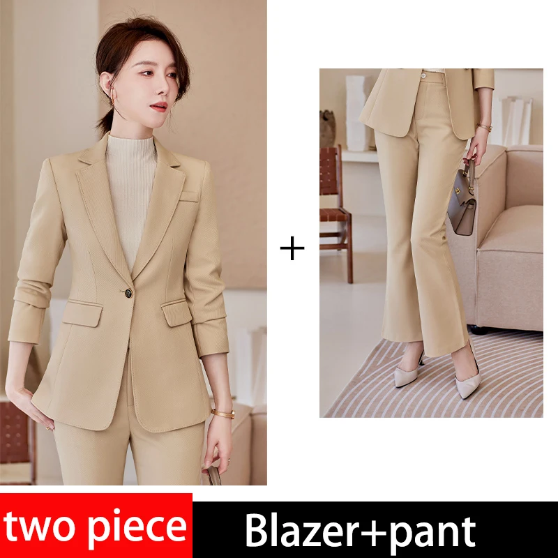 Kerstmis 2024 nieuw dames tweedelig pak set kantoor business lange mouwen knoop formele jas broekpak slim los broek jack pak dames roze, blauw, S